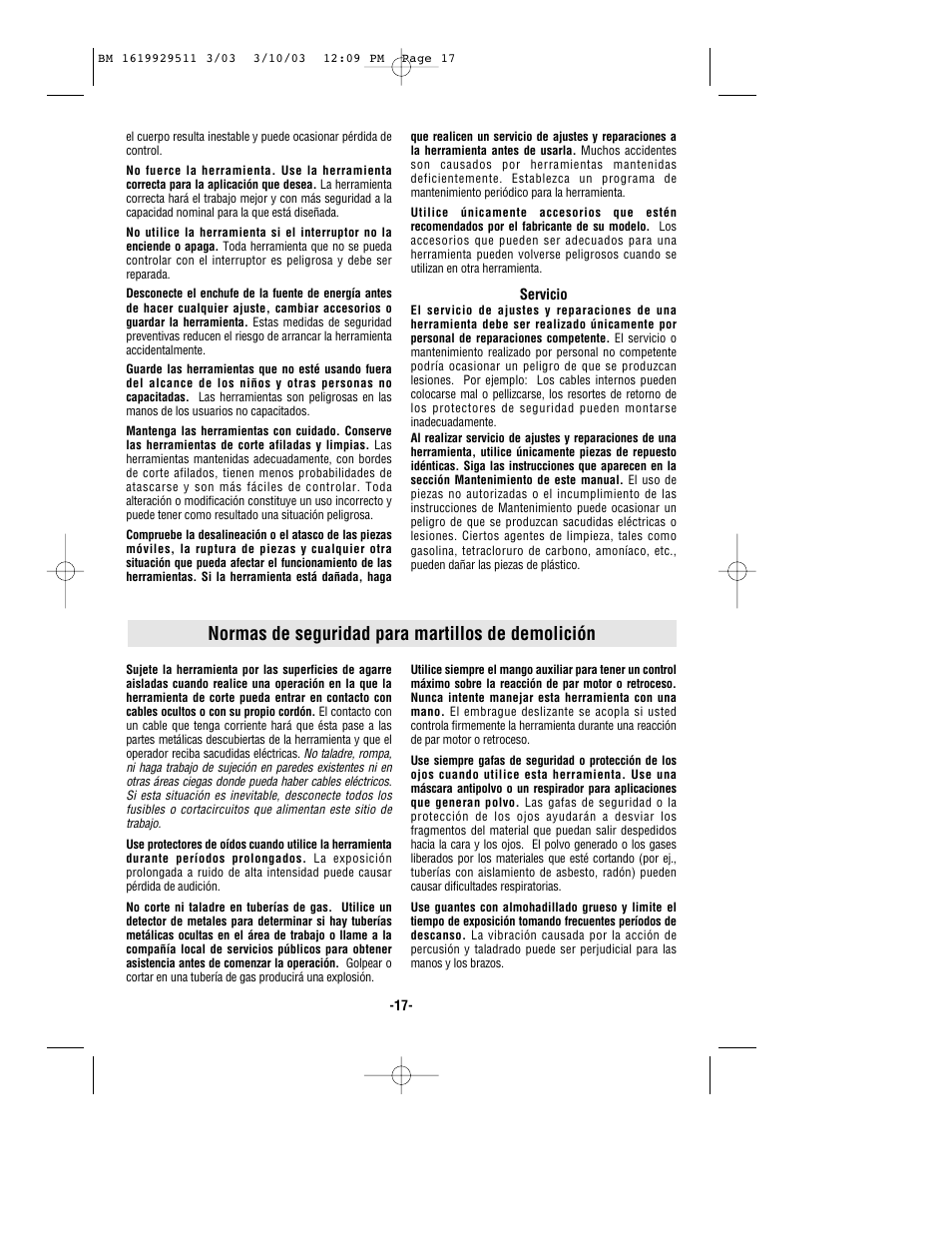 Normas de seguridad para martillos de demolición | Bosch 11317EVS User Manual | Page 17 / 24