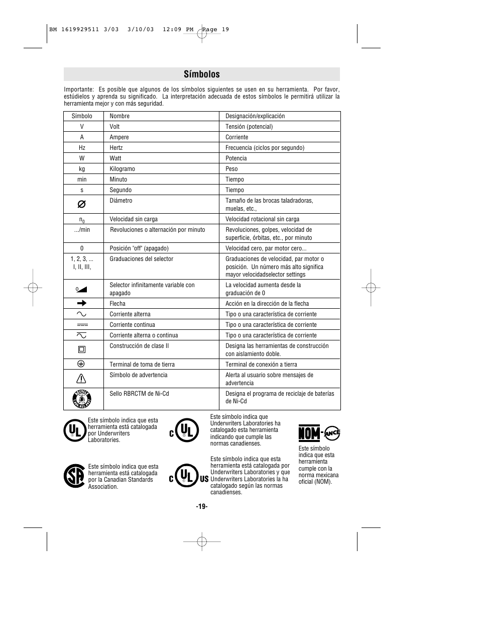 Símbolos | Bosch 11317EVS User Manual | Page 19 / 24