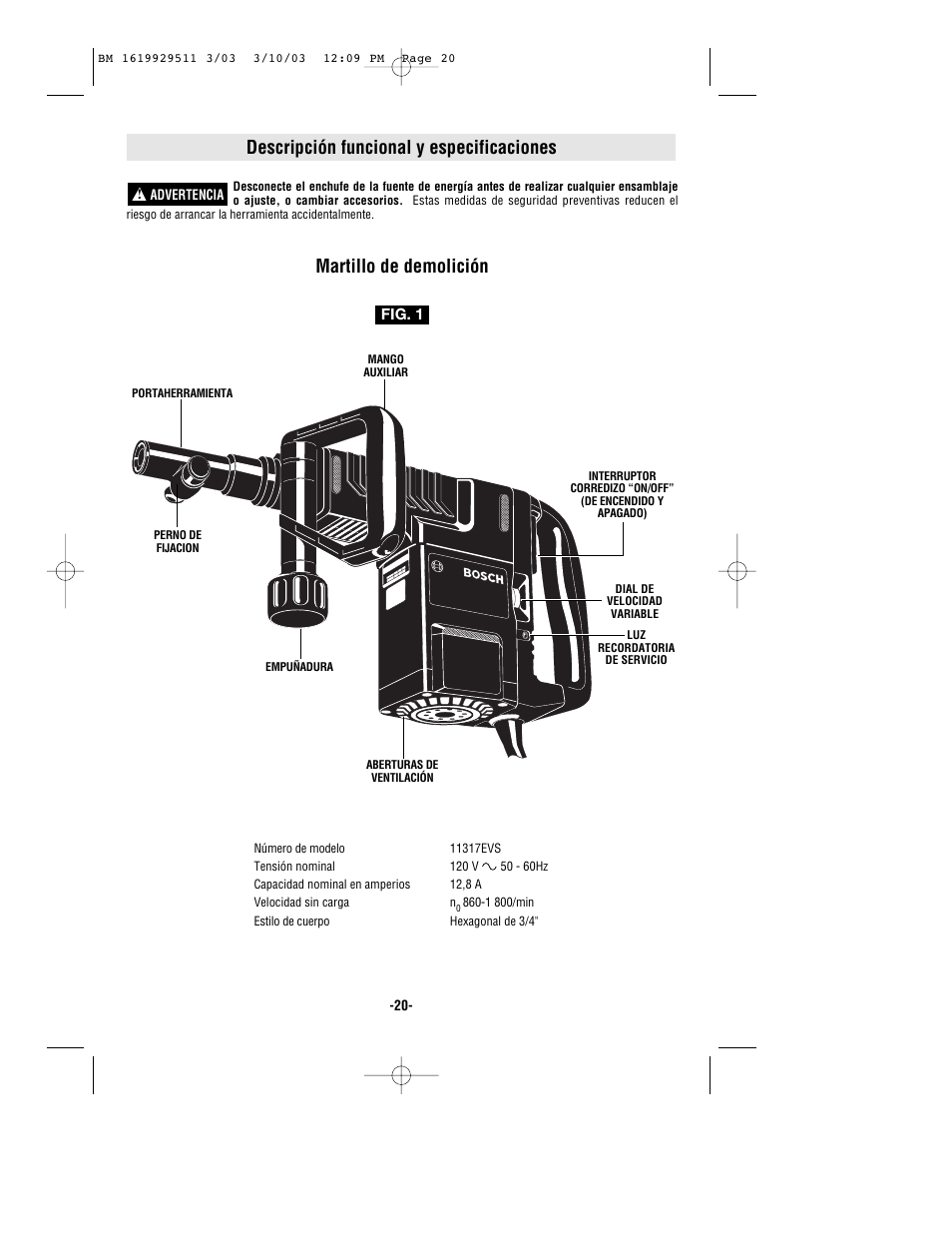 Descripción funcional y especificaciones, Martillo de demolición | Bosch 11317EVS User Manual | Page 20 / 24