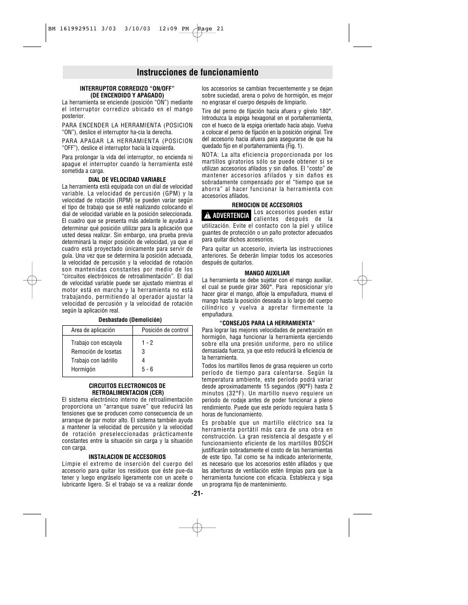 Instrucciones de funcionamiento | Bosch 11317EVS User Manual | Page 21 / 24