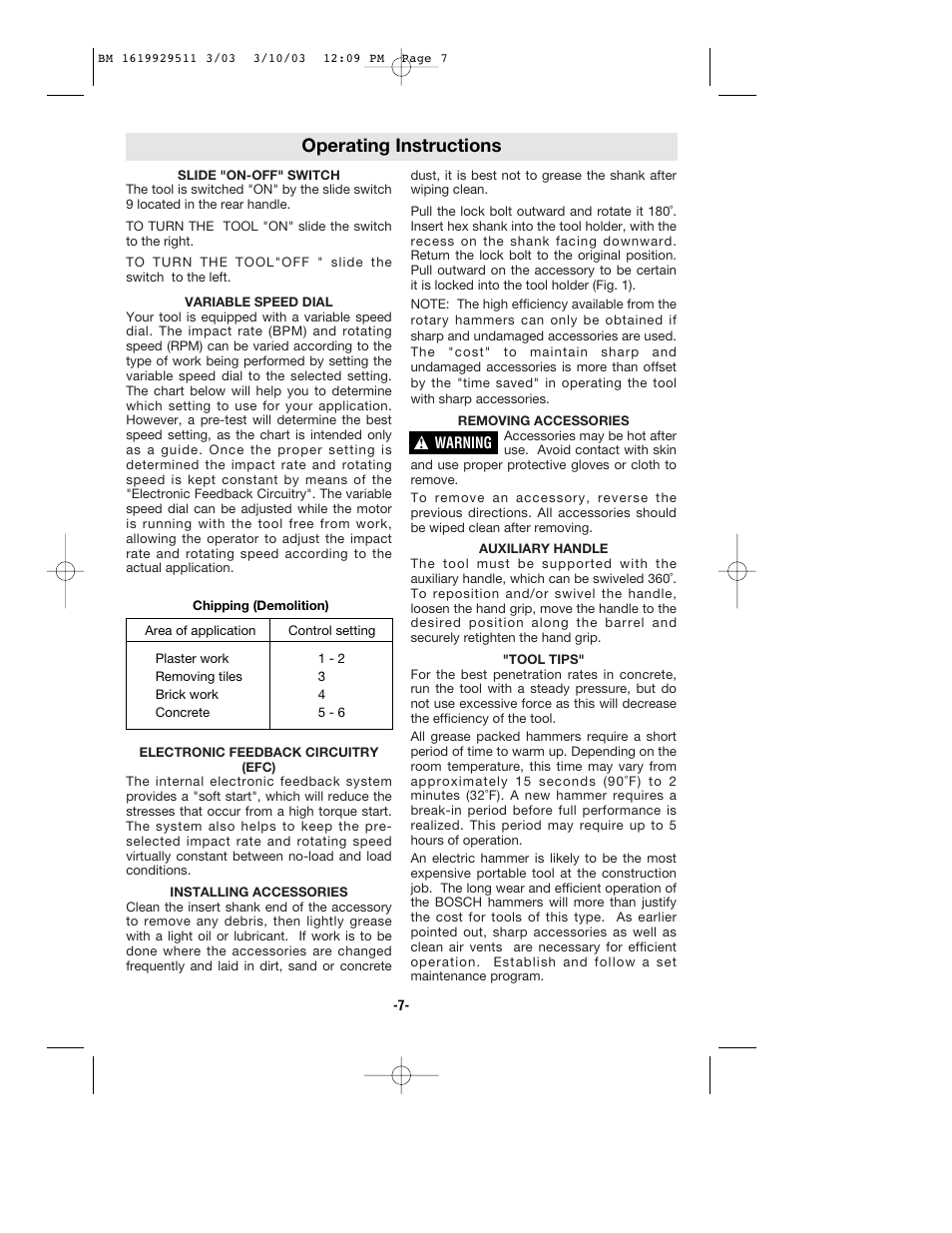 Operating instructions | Bosch 11317EVS User Manual | Page 7 / 24