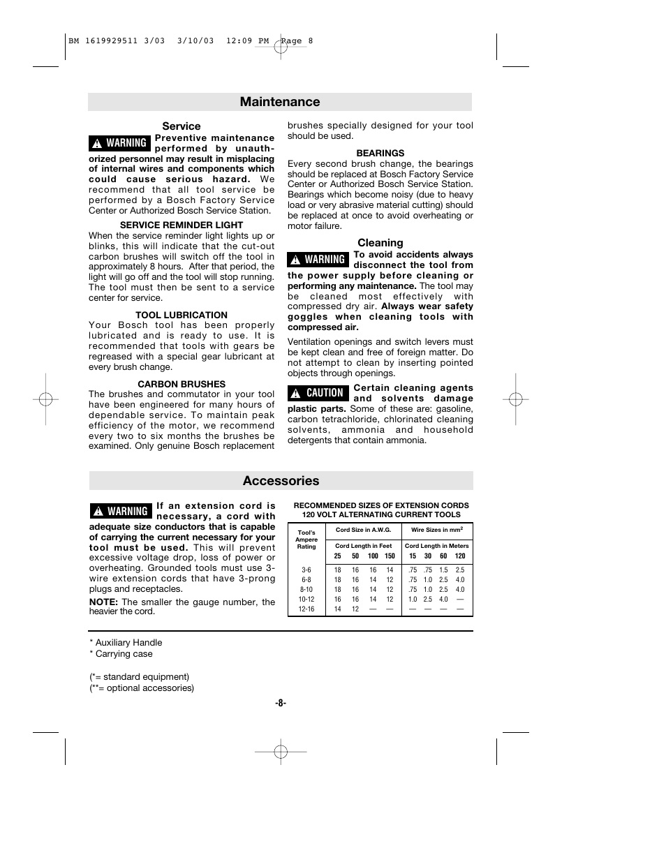 Maintenance, Accessories, Service | Cleaning, Warning, Caution | Bosch 11317EVS User Manual | Page 8 / 24