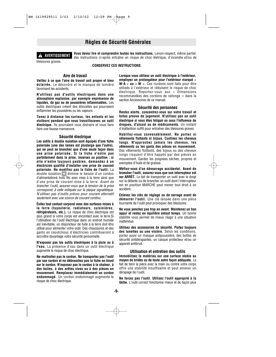 Règles de sécurité générales | Bosch 11317EVS User Manual | Page 9 / 24