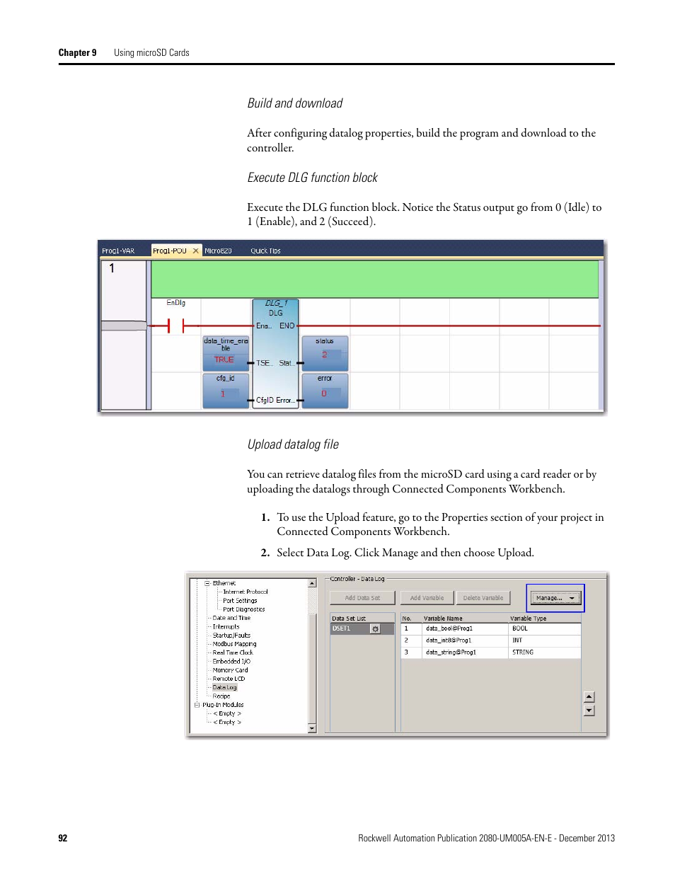 Build and download, Execute dlg function block, Upload datalog file | Rockwell Automation 2080-LC20-20QBBR Micro820 20-point Programmable Controllers User Manual User Manual | Page 100 / 162