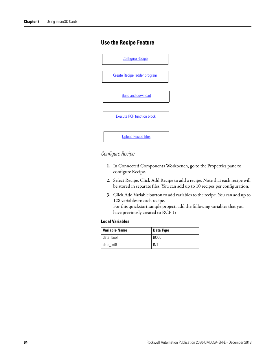 Use the recipe feature, Configure recipe | Rockwell Automation 2080-LC20-20QBBR Micro820 20-point Programmable Controllers User Manual User Manual | Page 102 / 162