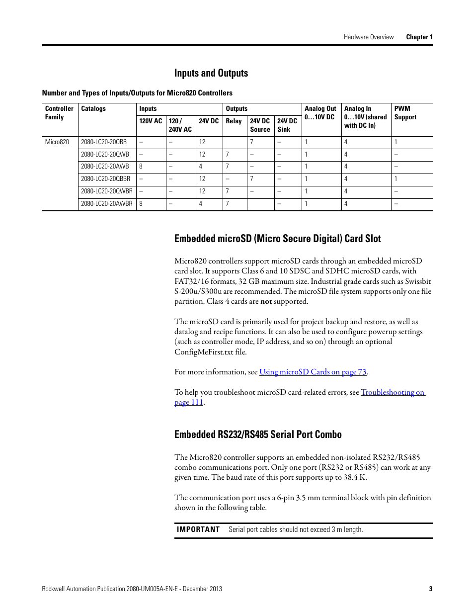 Inputs and outputs, Embedded microsd (micro secure digital) card slot, Embedded rs232/rs485 serial port combo | Rockwell Automation 2080-LC20-20QBBR Micro820 20-point Programmable Controllers User Manual User Manual | Page 11 / 162