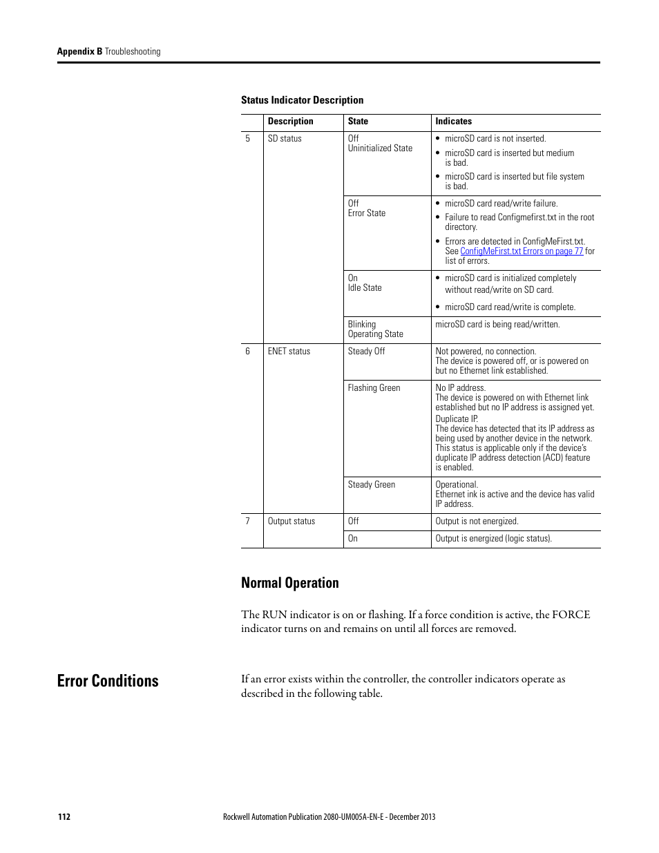 Normal operation, Error conditions | Rockwell Automation 2080-LC20-20QBBR Micro820 20-point Programmable Controllers User Manual User Manual | Page 120 / 162