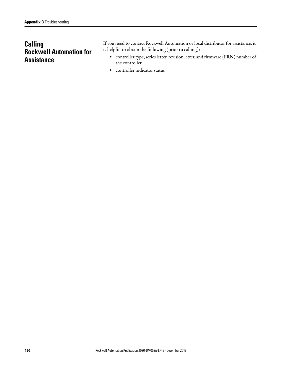 Calling rockwell automation for assistance | Rockwell Automation 2080-LC20-20QBBR Micro820 20-point Programmable Controllers User Manual User Manual | Page 128 / 162