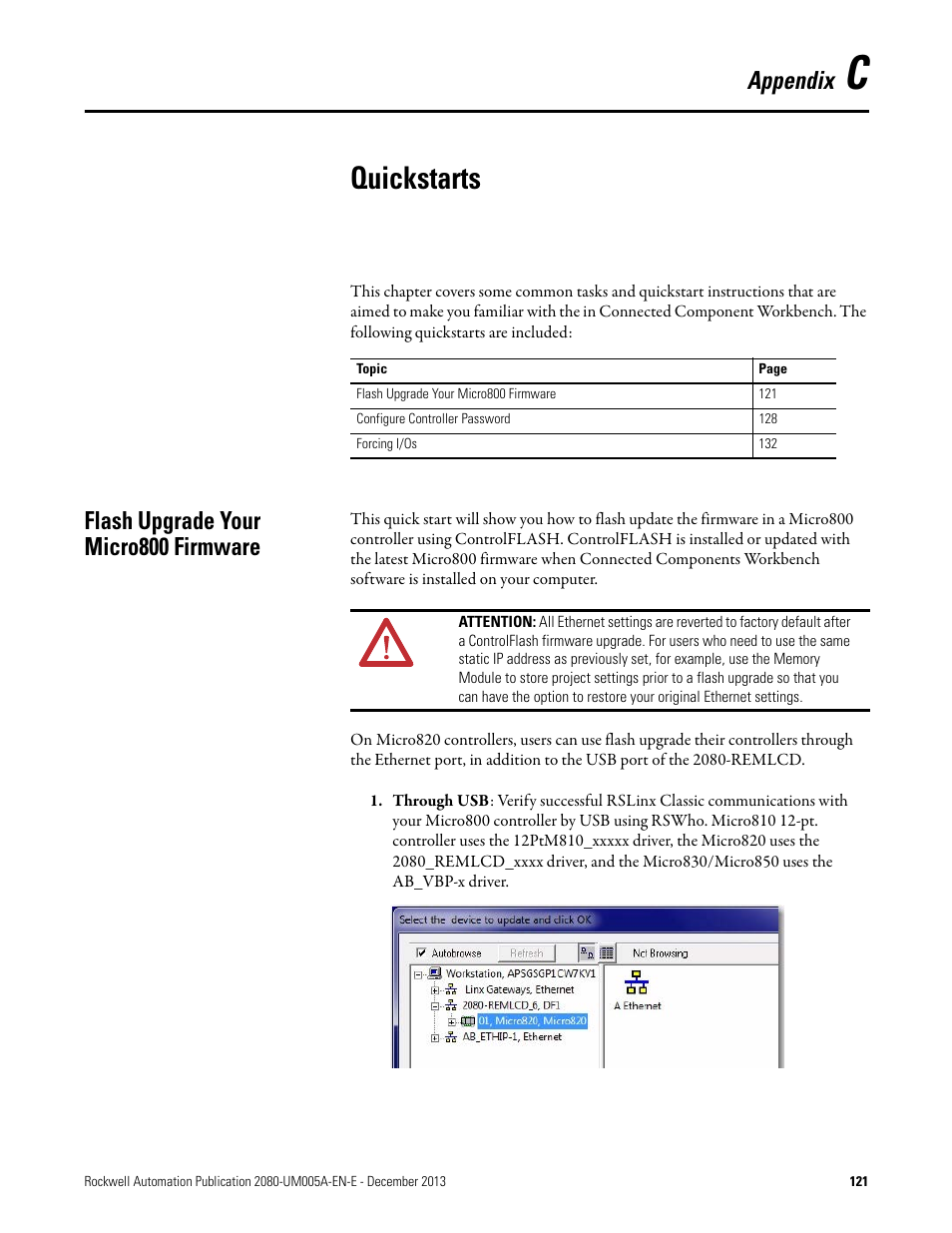 C - quickstarts, Flash upgrade your micro800 firmware, Appendix c | Quickstarts, Appendix | Rockwell Automation 2080-LC20-20QBBR Micro820 20-point Programmable Controllers User Manual User Manual | Page 129 / 162