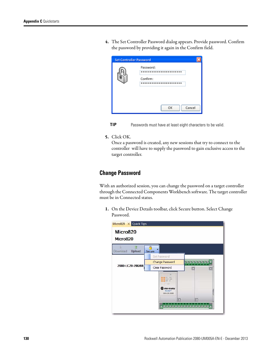 Change password | Rockwell Automation 2080-LC20-20QBBR Micro820 20-point Programmable Controllers User Manual User Manual | Page 138 / 162