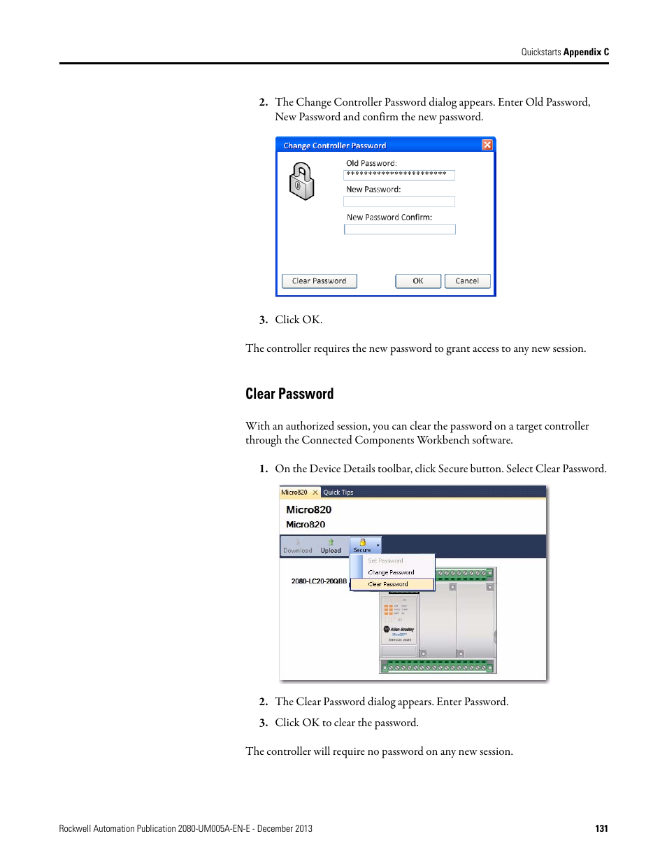 Clear password | Rockwell Automation 2080-LC20-20QBBR Micro820 20-point Programmable Controllers User Manual User Manual | Page 139 / 162