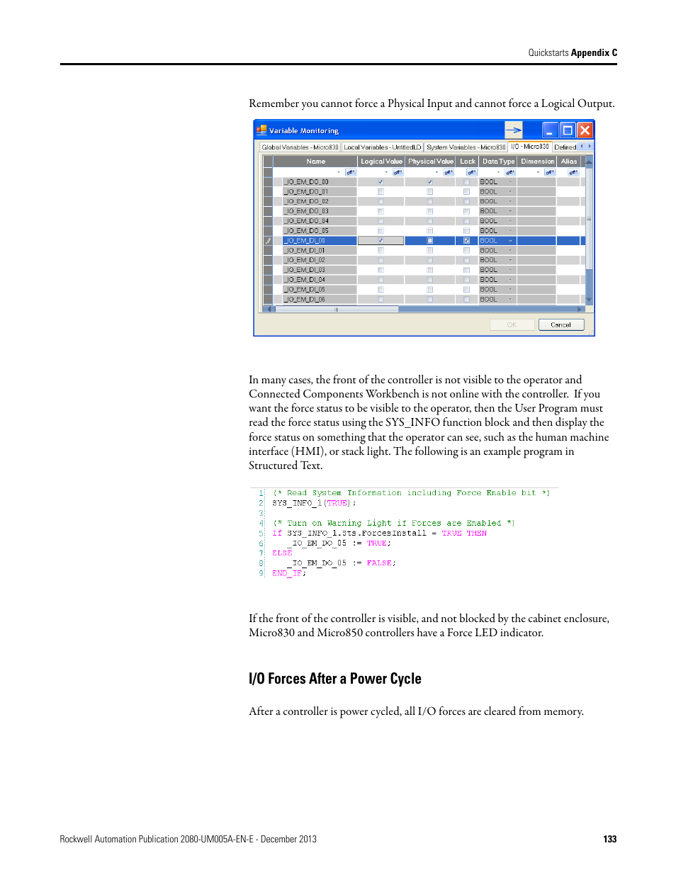 I/o forces after a power cycle | Rockwell Automation 2080-LC20-20QBBR Micro820 20-point Programmable Controllers User Manual User Manual | Page 141 / 162
