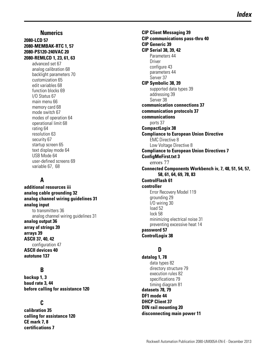 Index, Numerics | Rockwell Automation 2080-LC20-20QBBR Micro820 20-point Programmable Controllers User Manual User Manual | Page 157 / 162