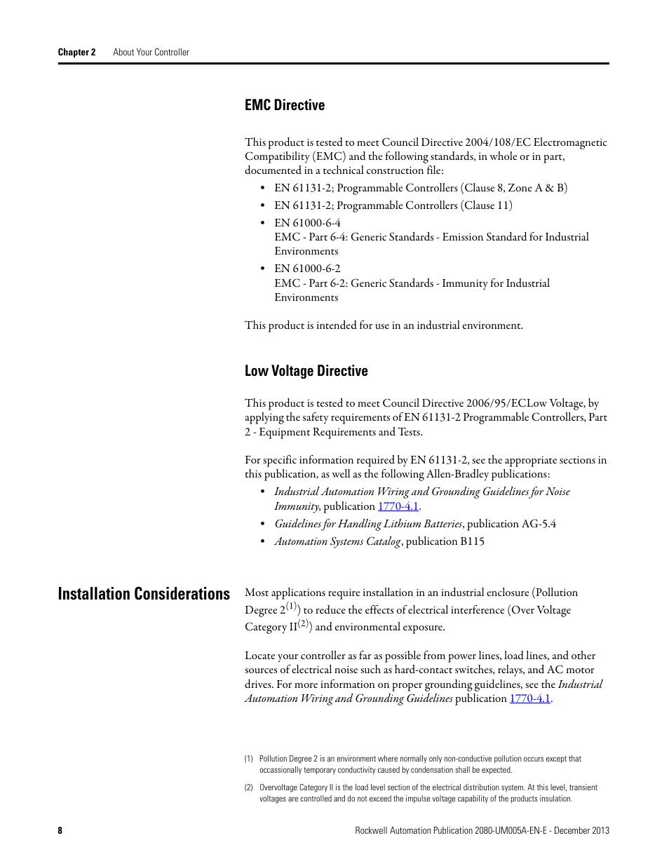 Emc directive, Low voltage directive, Installation considerations | Emc directive low voltage directive | Rockwell Automation 2080-LC20-20QBBR Micro820 20-point Programmable Controllers User Manual User Manual | Page 16 / 162