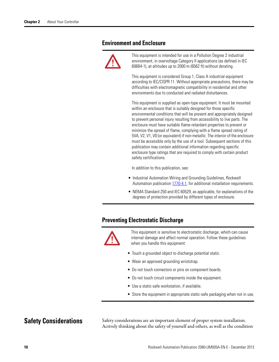 Environment and enclosure, Preventing electrostatic discharge, Safety considerations | Rockwell Automation 2080-LC20-20QBBR Micro820 20-point Programmable Controllers User Manual User Manual | Page 18 / 162
