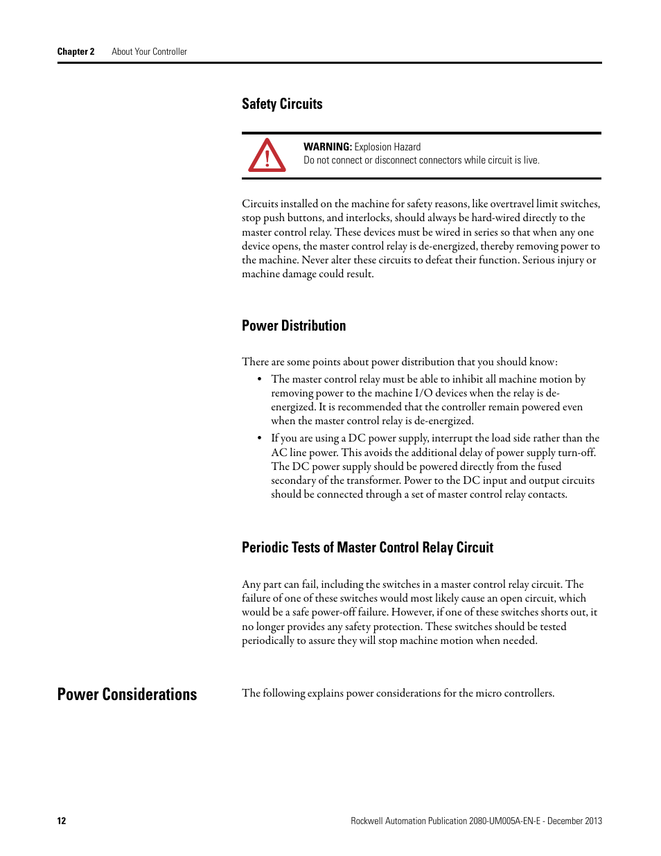 Safety circuits, Power distribution, Periodic tests of master control relay circuit | Power considerations | Rockwell Automation 2080-LC20-20QBBR Micro820 20-point Programmable Controllers User Manual User Manual | Page 20 / 162