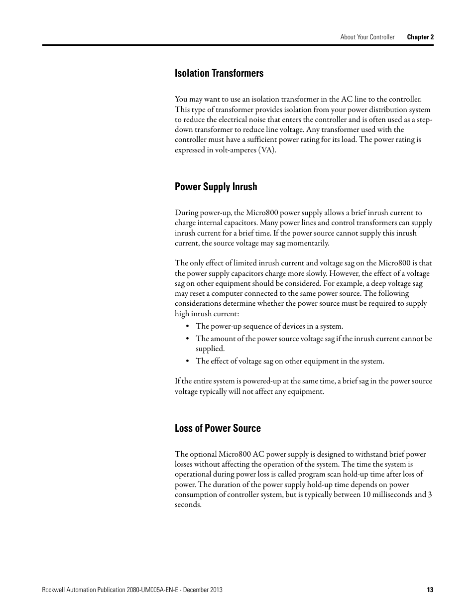 Isolation transformers, Power supply inrush, Loss of power source | Rockwell Automation 2080-LC20-20QBBR Micro820 20-point Programmable Controllers User Manual User Manual | Page 21 / 162