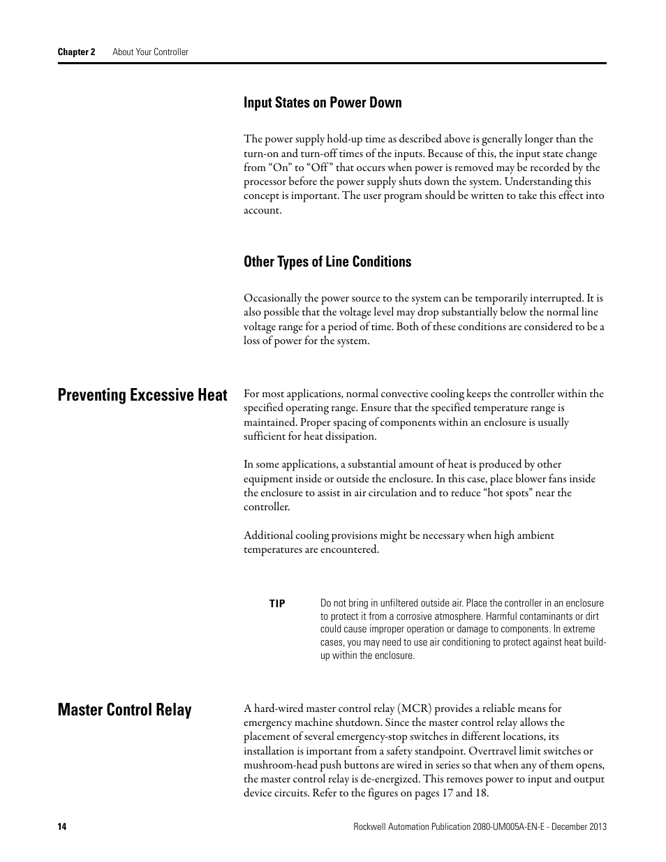 Input states on power down, Other types of line conditions, Preventing excessive heat | Master control relay, Preventing excessive heat master control relay | Rockwell Automation 2080-LC20-20QBBR Micro820 20-point Programmable Controllers User Manual User Manual | Page 22 / 162