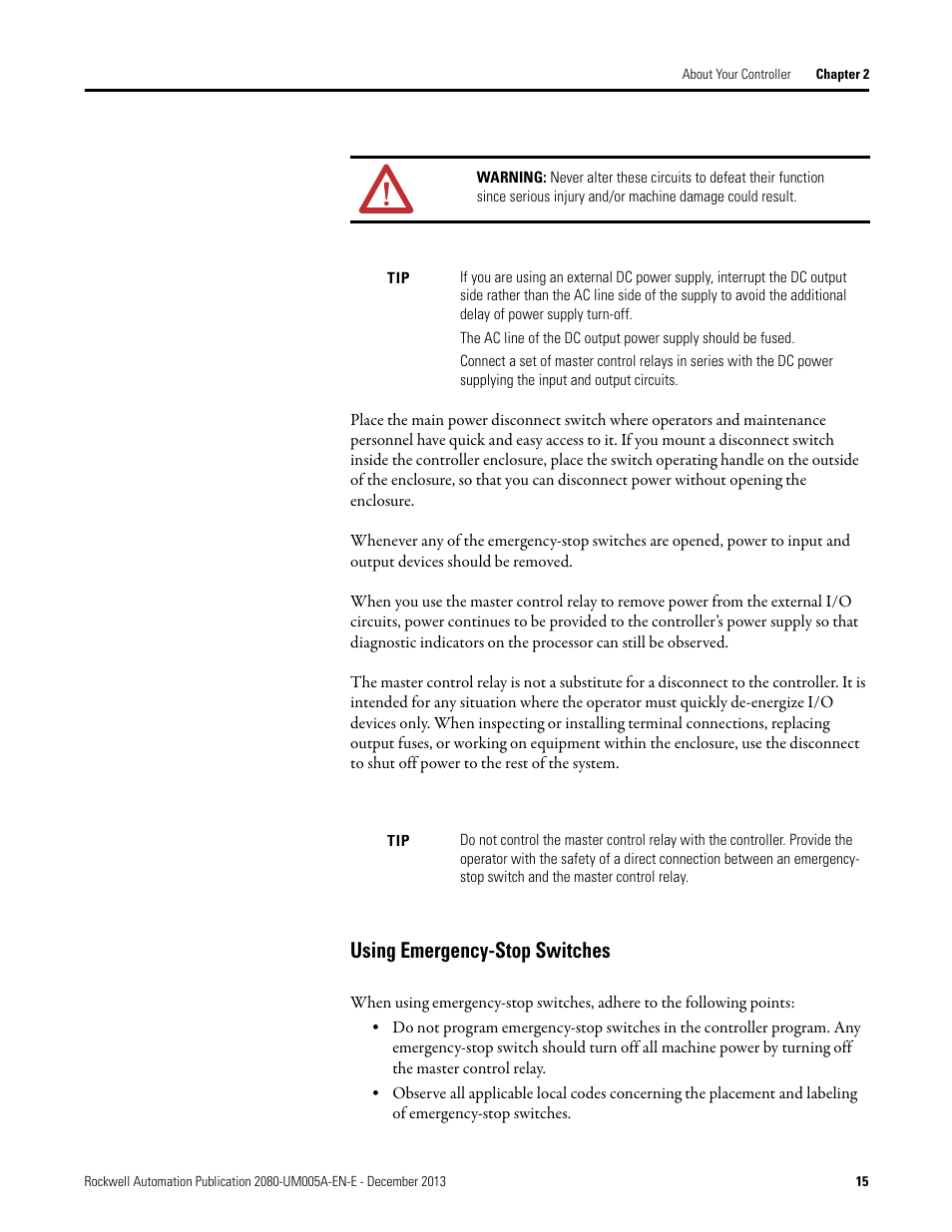 Using emergency-stop switches | Rockwell Automation 2080-LC20-20QBBR Micro820 20-point Programmable Controllers User Manual User Manual | Page 23 / 162