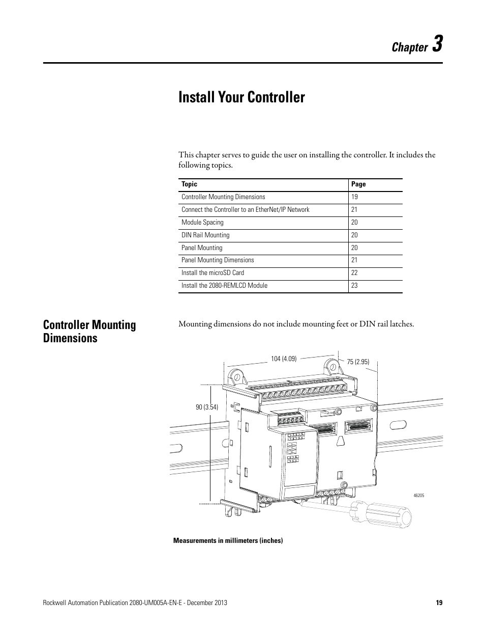 3 - install your controller, Controller mounting dimensions, Chapter 3 | Install your controller, Chapter | Rockwell Automation 2080-LC20-20QBBR Micro820 20-point Programmable Controllers User Manual User Manual | Page 27 / 162