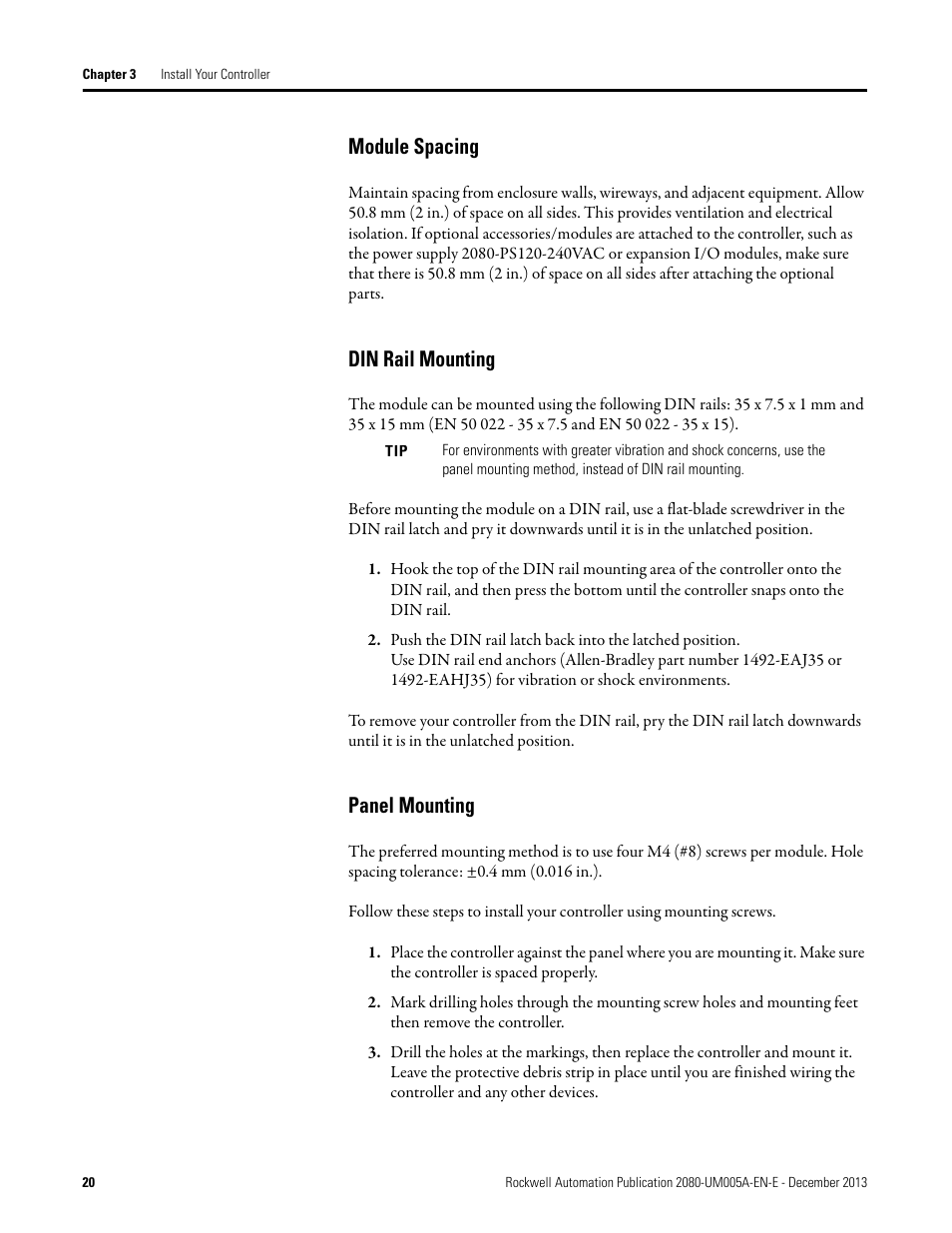 Module spacing, Din rail mounting, Panel mounting | Module spacing din rail mounting panel mounting | Rockwell Automation 2080-LC20-20QBBR Micro820 20-point Programmable Controllers User Manual User Manual | Page 28 / 162
