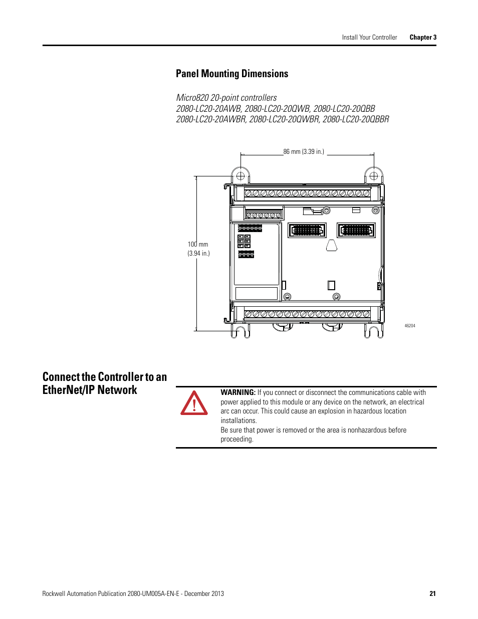 Panel mounting dimensions, Connect the controller to an ethernet/ip network | Rockwell Automation 2080-LC20-20QBBR Micro820 20-point Programmable Controllers User Manual User Manual | Page 29 / 162
