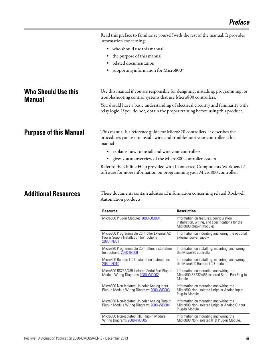 Preface, Who should use this manual, Purpose of this manual | Additional resources | Rockwell Automation 2080-LC20-20QBBR Micro820 20-point Programmable Controllers User Manual User Manual | Page 3 / 162