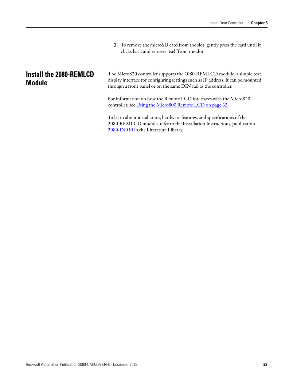 Install the 2080-remlcd module | Rockwell Automation 2080-LC20-20QBBR Micro820 20-point Programmable Controllers User Manual User Manual | Page 31 / 162