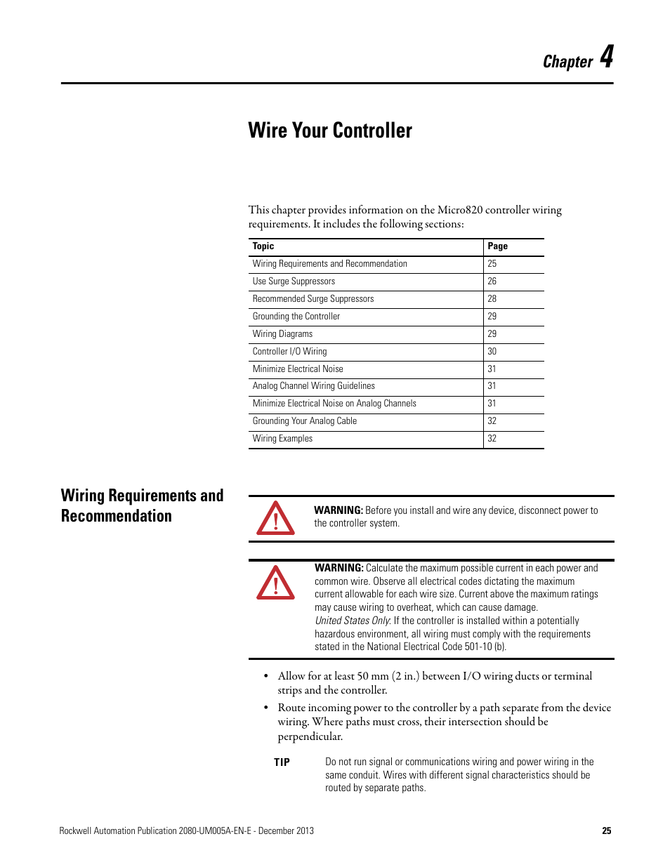 4 - wire your controller, Wiring requirements and recommendation, Chapter 4 | Wire your controller, Chapter | Rockwell Automation 2080-LC20-20QBBR Micro820 20-point Programmable Controllers User Manual User Manual | Page 33 / 162