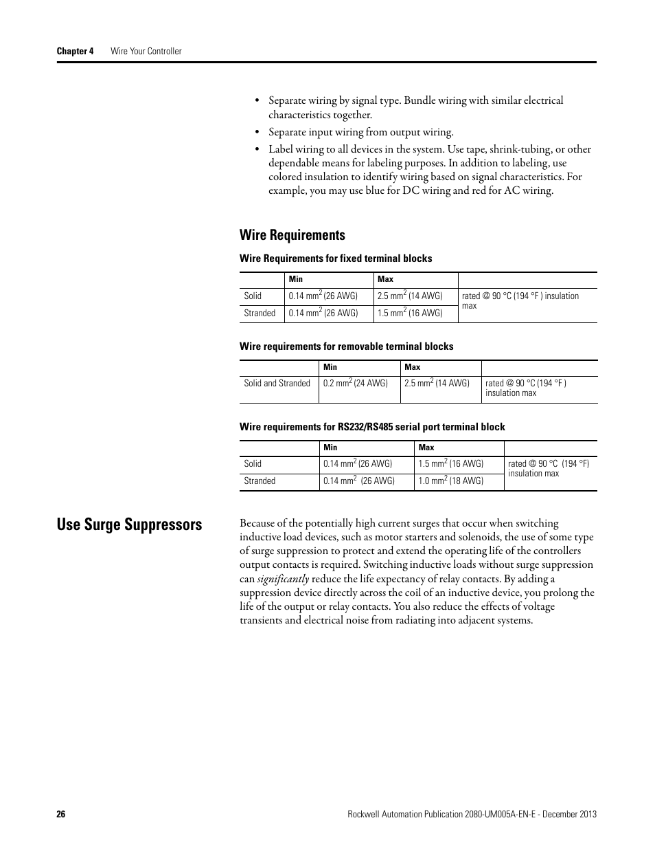 Wire requirements, Use surge suppressors | Rockwell Automation 2080-LC20-20QBBR Micro820 20-point Programmable Controllers User Manual User Manual | Page 34 / 162