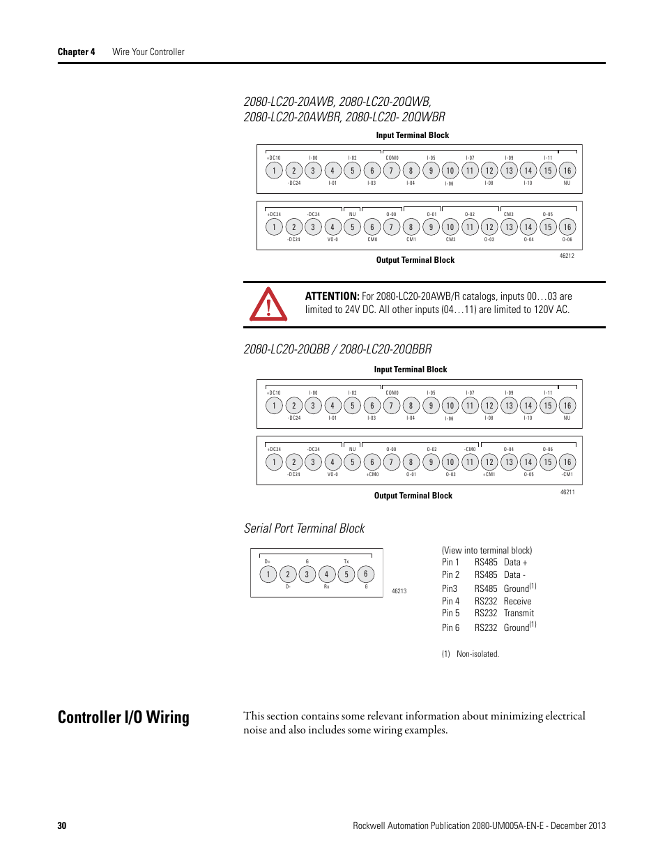 2080-lc20-20qbb / 2080-lc20-20qbbr, Serial port terminal block, Controller i/o wiring | Rockwell Automation 2080-LC20-20QBBR Micro820 20-point Programmable Controllers User Manual User Manual | Page 38 / 162
