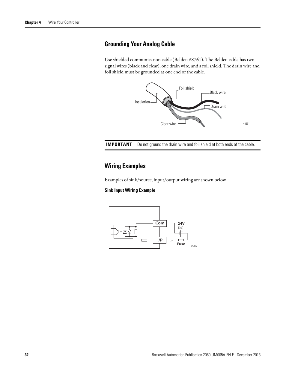 Grounding your analog cable, Wiring examples, Grounding your analog cable wiring examples | Rockwell Automation 2080-LC20-20QBBR Micro820 20-point Programmable Controllers User Manual User Manual | Page 40 / 162