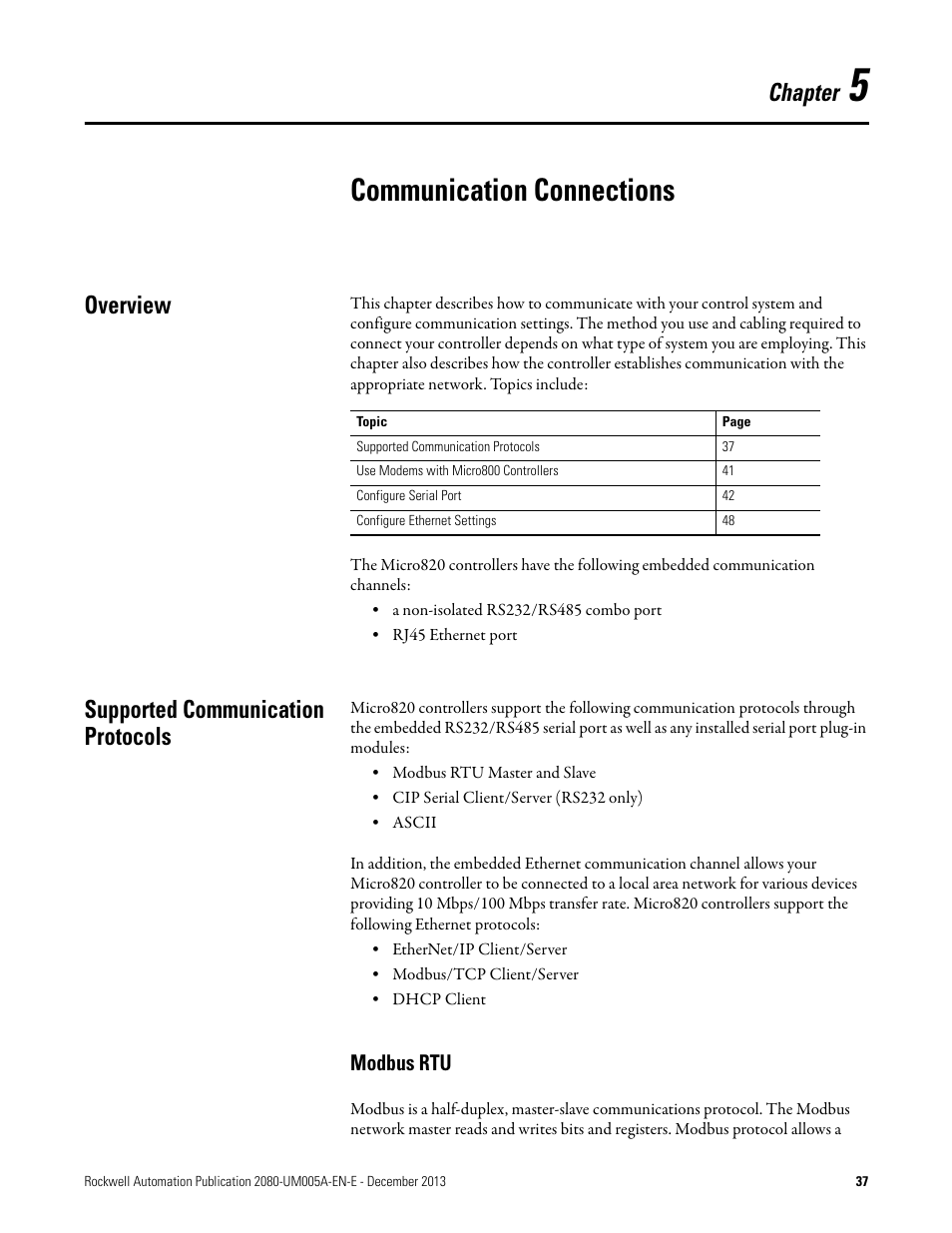 5 - communication connections, Overview, Supported communication protocols | Modbus rtu, Chapter 5, Communication connections, Overview supported communication protocols, Chapter | Rockwell Automation 2080-LC20-20QBBR Micro820 20-point Programmable Controllers User Manual User Manual | Page 45 / 162