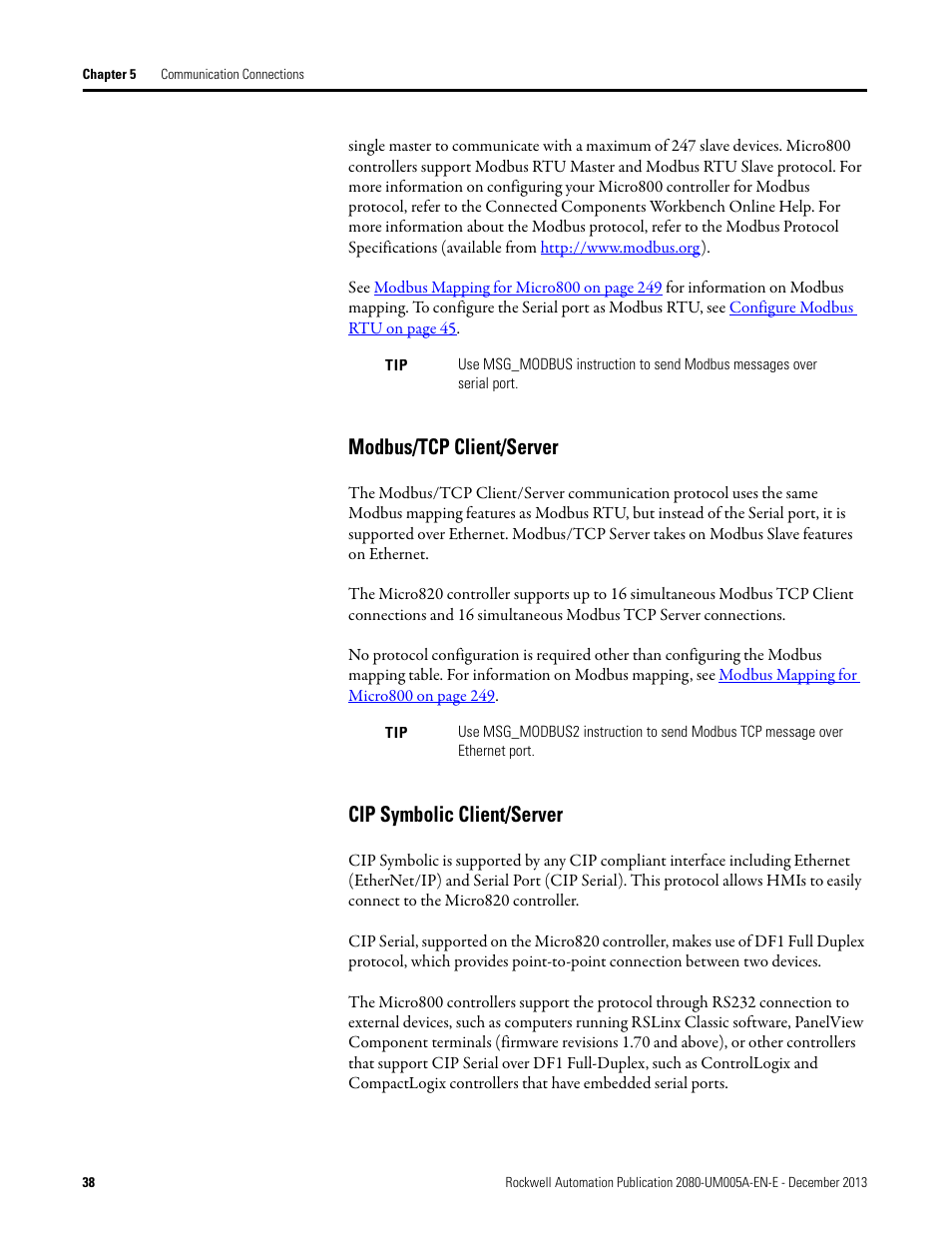 Modbus/tcp client/server, Cip symbolic client/server | Rockwell Automation 2080-LC20-20QBBR Micro820 20-point Programmable Controllers User Manual User Manual | Page 46 / 162