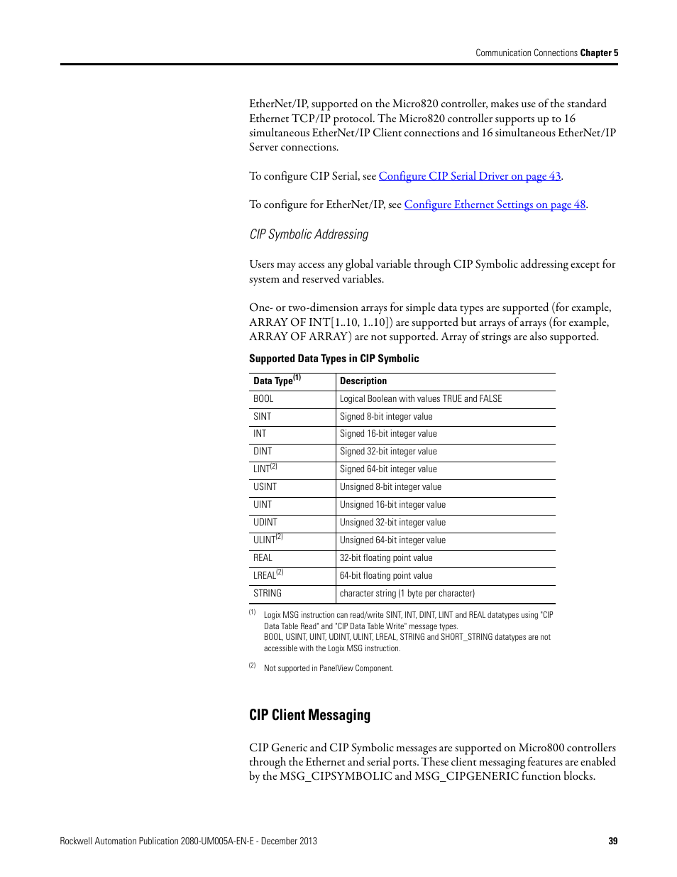 Cip symbolic addressing, Cip client messaging | Rockwell Automation 2080-LC20-20QBBR Micro820 20-point Programmable Controllers User Manual User Manual | Page 47 / 162