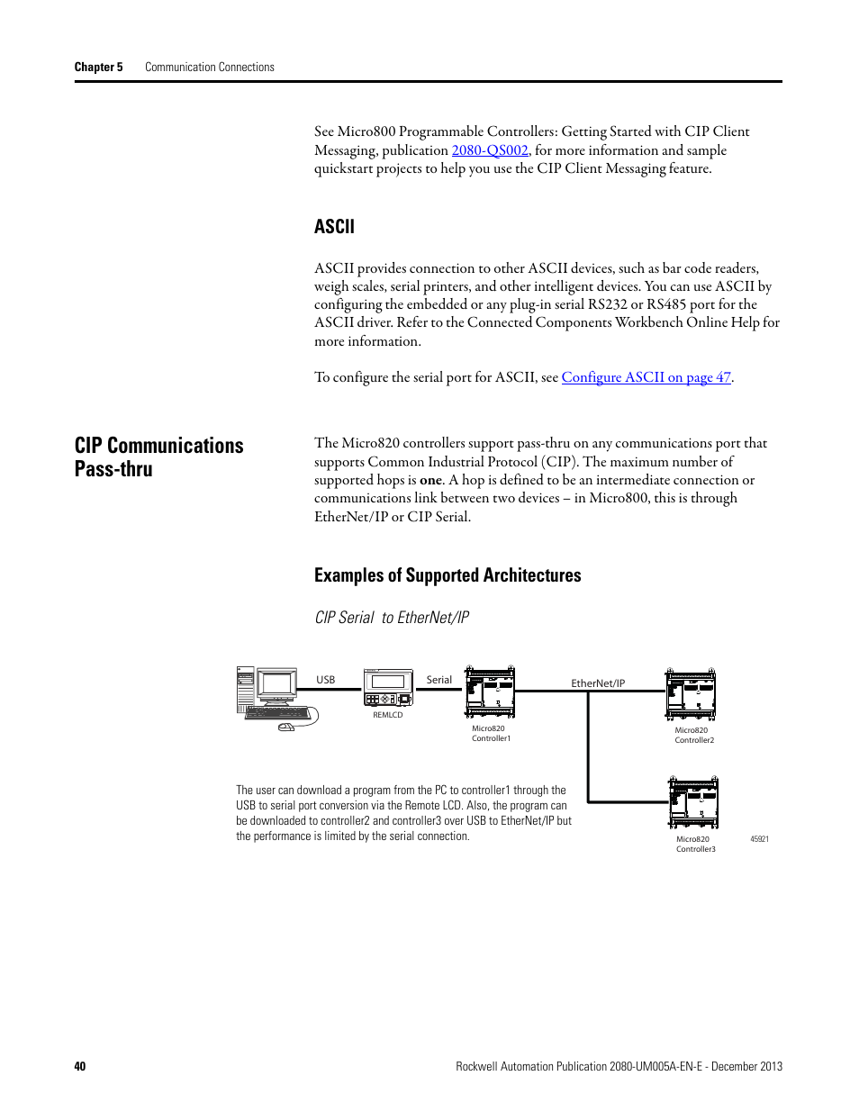 Ascii, Cip communications pass-thru, Examples of supported architectures | Cip serial to ethernet/ip | Rockwell Automation 2080-LC20-20QBBR Micro820 20-point Programmable Controllers User Manual User Manual | Page 48 / 162