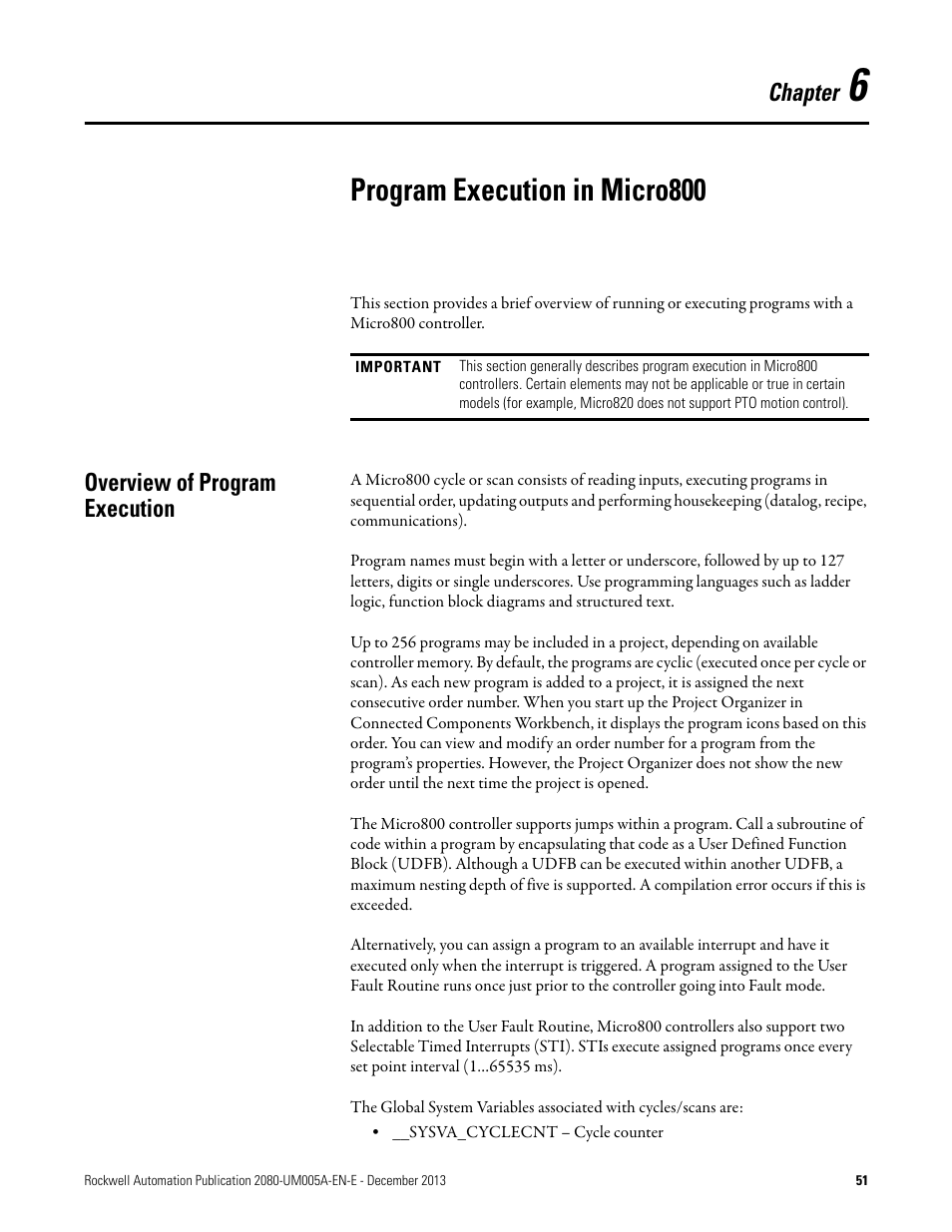 6 - program execution in micro800, Overview of program execution, Chapter 6 | Program execution in micro800, Chapter | Rockwell Automation 2080-LC20-20QBBR Micro820 20-point Programmable Controllers User Manual User Manual | Page 59 / 162