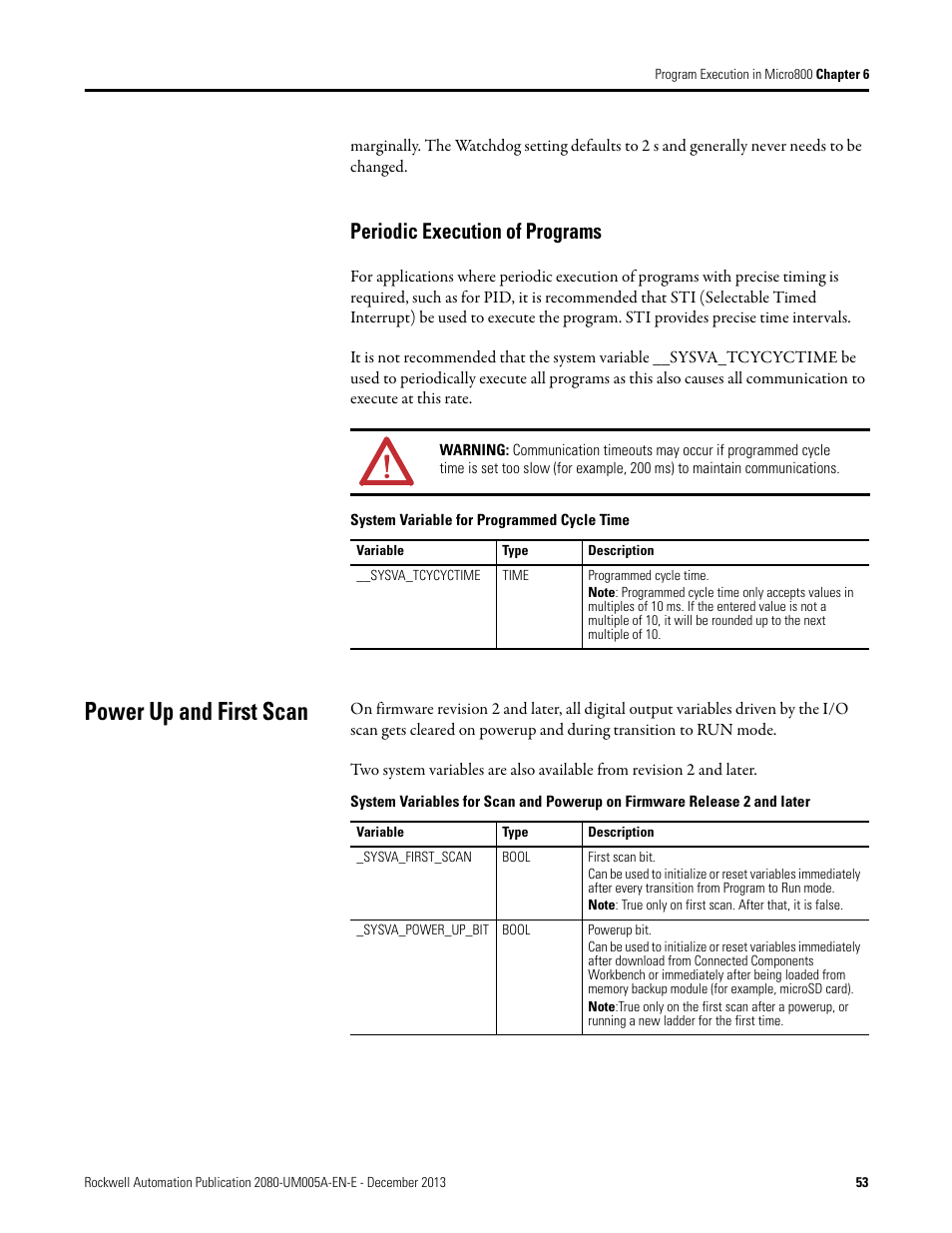 Periodic execution of programs, Power up and first scan | Rockwell Automation 2080-LC20-20QBBR Micro820 20-point Programmable Controllers User Manual User Manual | Page 61 / 162