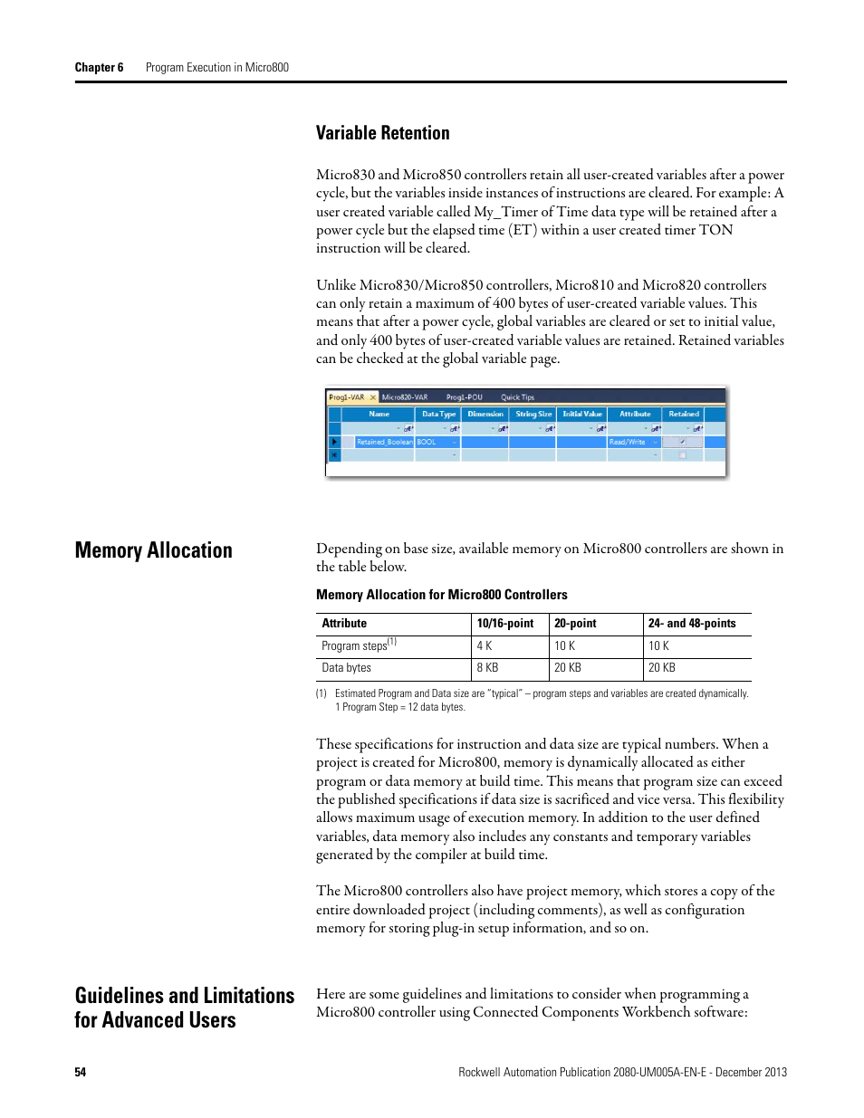 Variable retention, Memory allocation, Guidelines and limitations for advanced users | Rockwell Automation 2080-LC20-20QBBR Micro820 20-point Programmable Controllers User Manual User Manual | Page 62 / 162