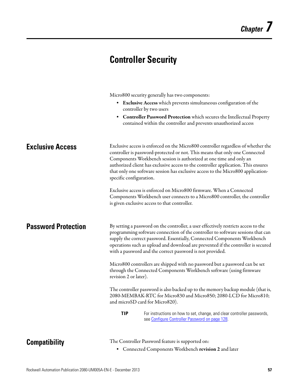 7 - controller security, Exclusive access, Password protection | Compatibility, Chapter 7, Controller security, Exclusive access password protection compatibility, Chapter | Rockwell Automation 2080-LC20-20QBBR Micro820 20-point Programmable Controllers User Manual User Manual | Page 65 / 162