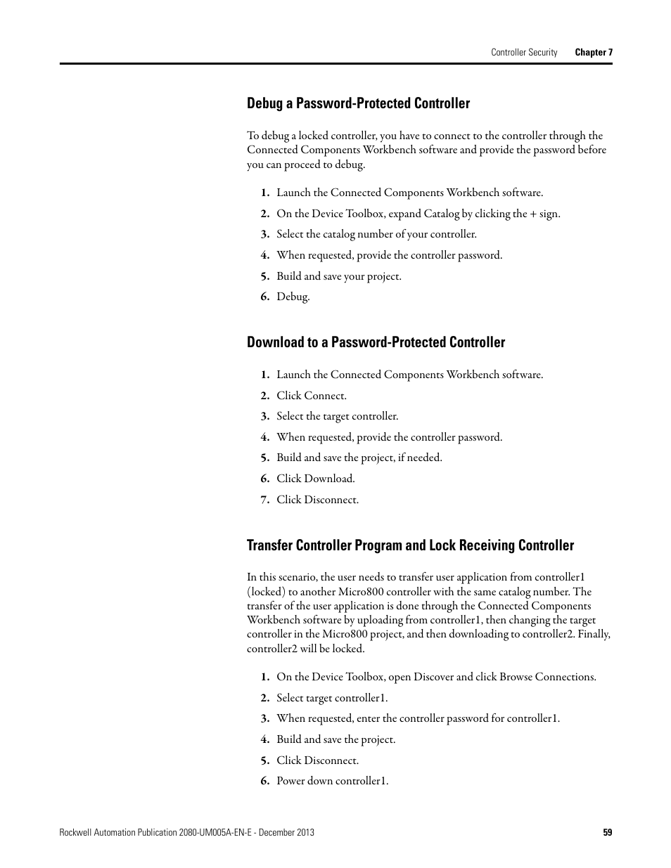 Debug a password-protected controller, Download to a password-protected controller | Rockwell Automation 2080-LC20-20QBBR Micro820 20-point Programmable Controllers User Manual User Manual | Page 67 / 162