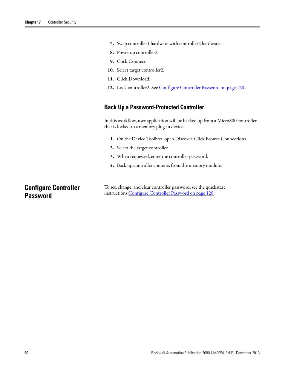 Back up a password-protected controller, Configure controller password | Rockwell Automation 2080-LC20-20QBBR Micro820 20-point Programmable Controllers User Manual User Manual | Page 68 / 162