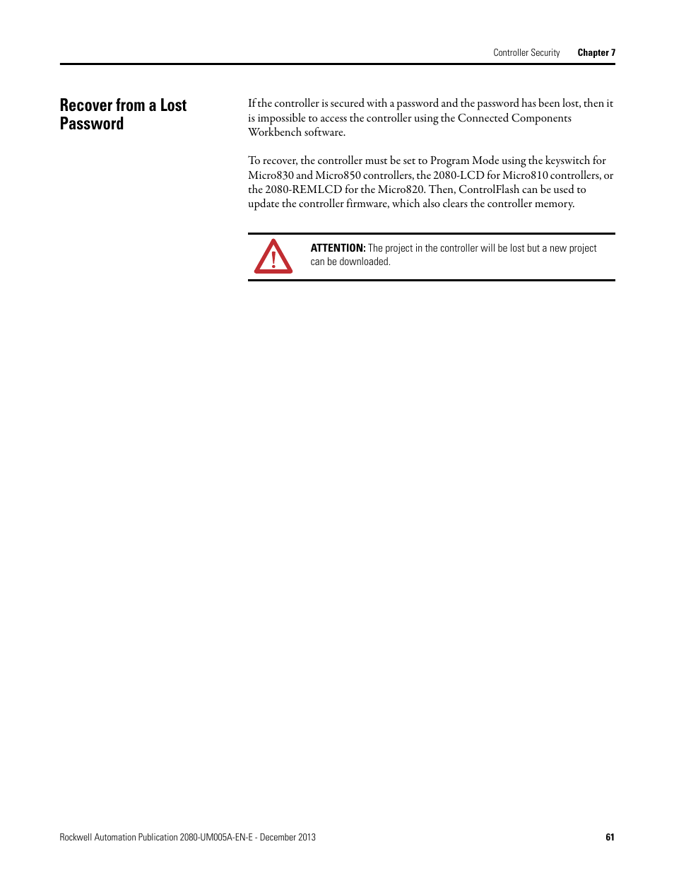 Recover from a lost password | Rockwell Automation 2080-LC20-20QBBR Micro820 20-point Programmable Controllers User Manual User Manual | Page 69 / 162
