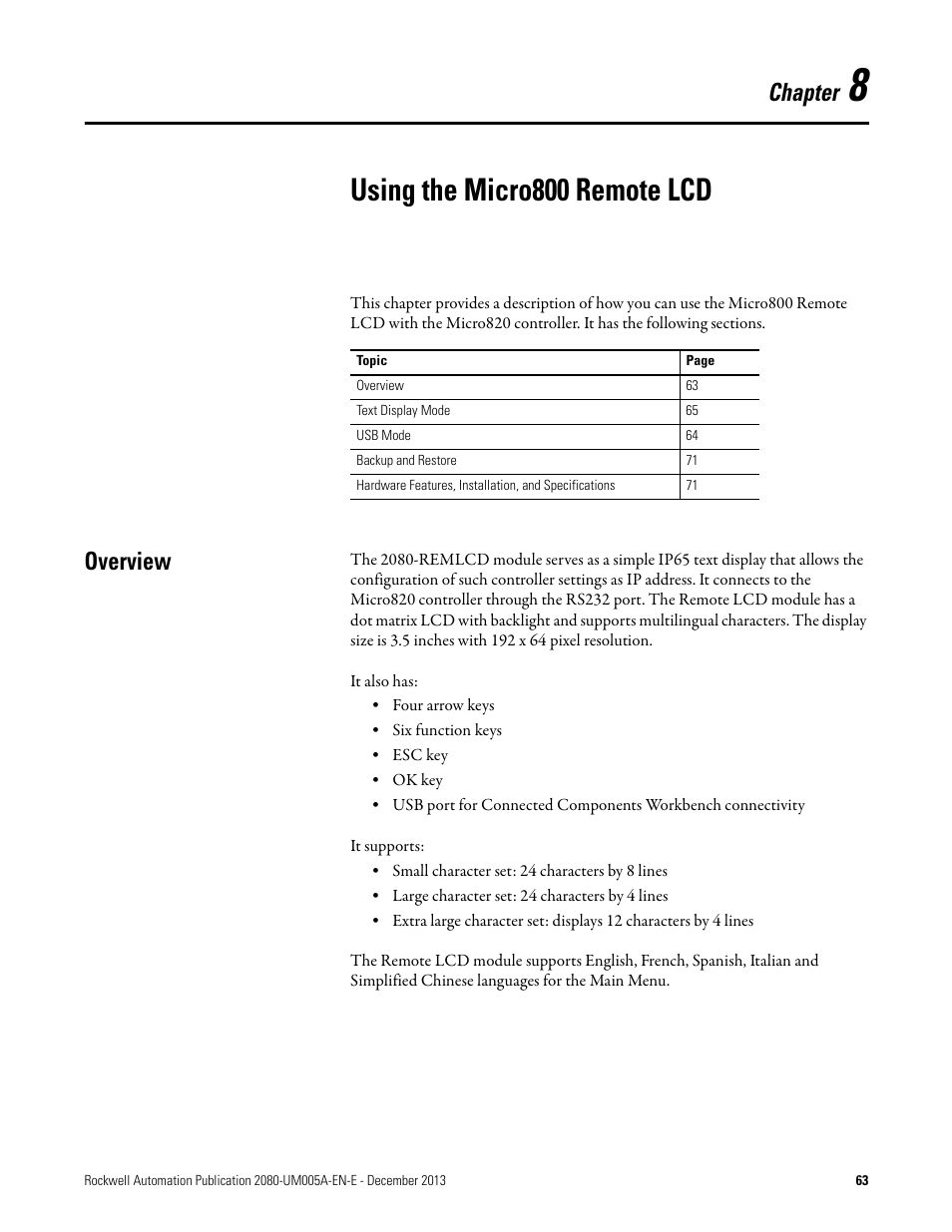 8 - using the micro800 remote lcd, Overview, Chapter 8 | Using the micro800 remote lcd, Using the micro800 remote, Chapter | Rockwell Automation 2080-LC20-20QBBR Micro820 20-point Programmable Controllers User Manual User Manual | Page 71 / 162
