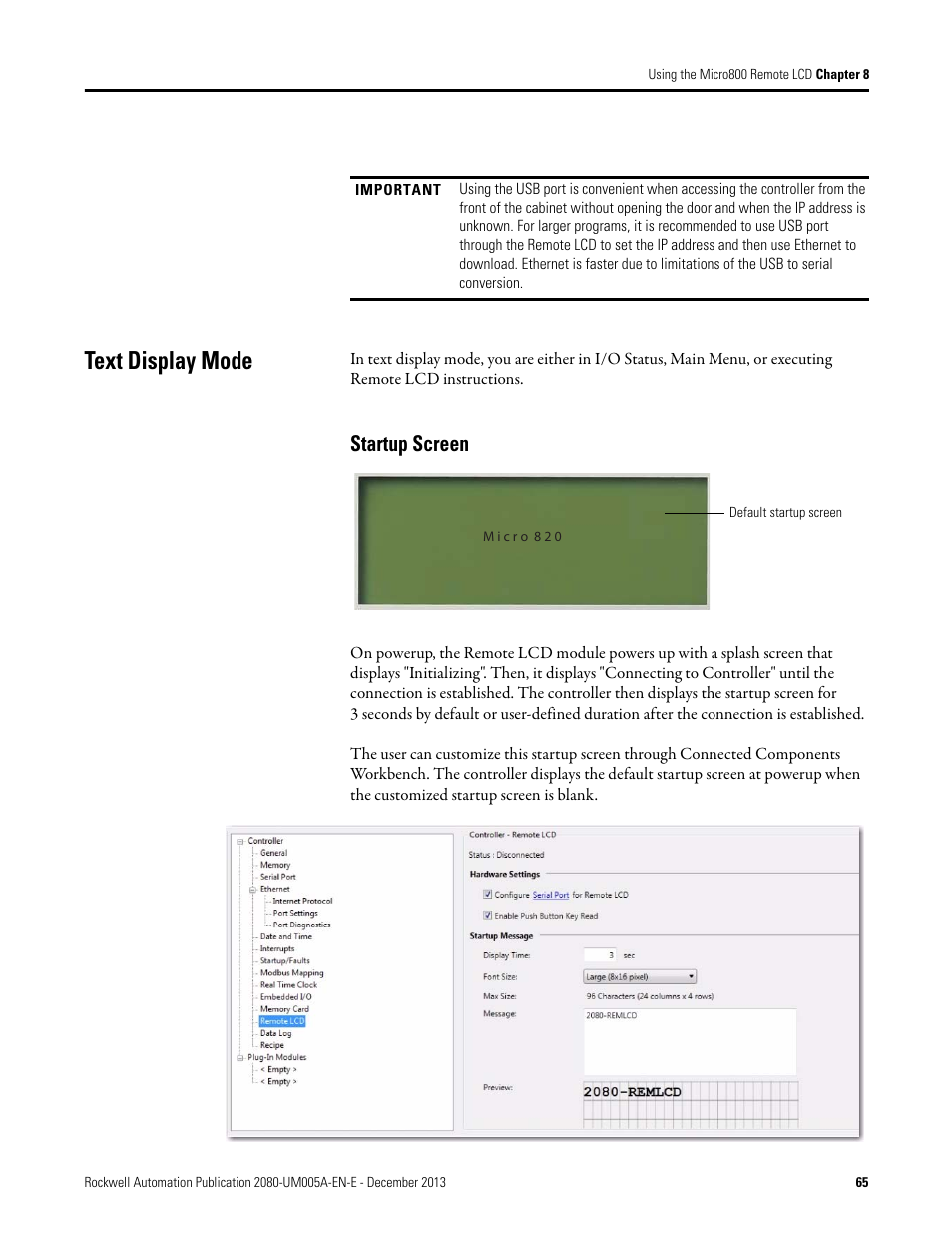 Text display mode, Startup screen | Rockwell Automation 2080-LC20-20QBBR Micro820 20-point Programmable Controllers User Manual User Manual | Page 73 / 162