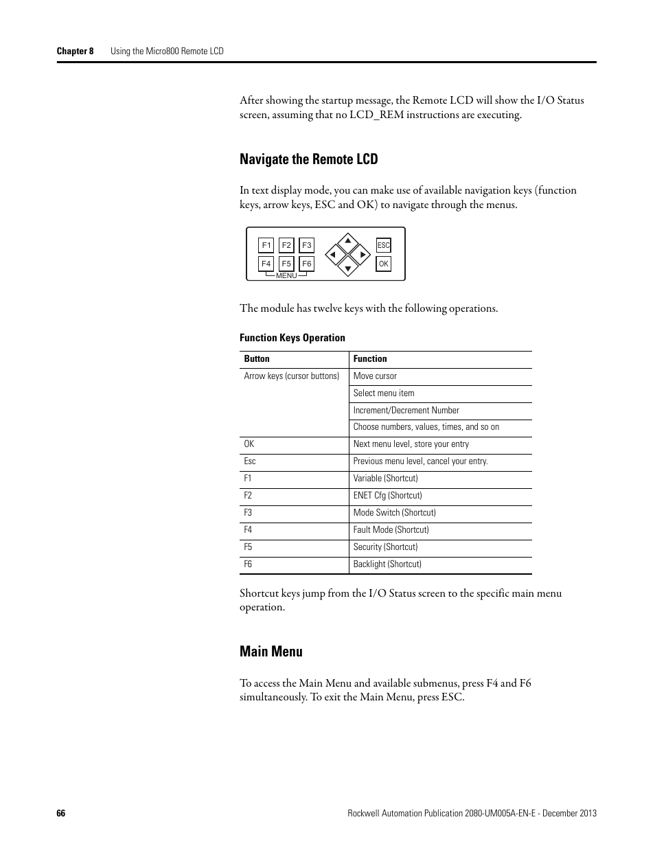 Navigate the remote lcd, Main menu, Navigate the remote lcd main menu | Rockwell Automation 2080-LC20-20QBBR Micro820 20-point Programmable Controllers User Manual User Manual | Page 74 / 162