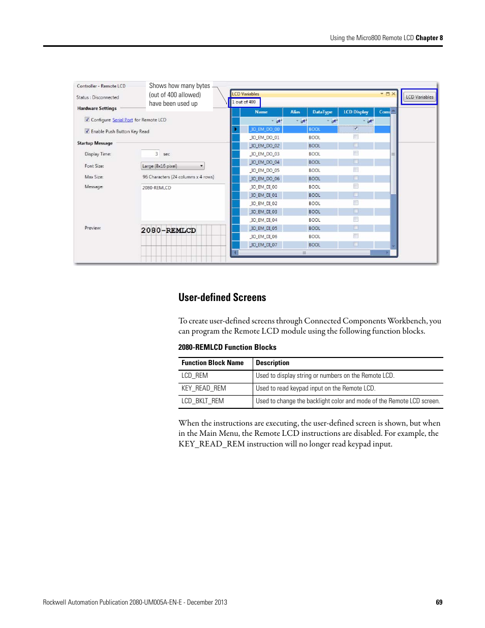 User-defined screens | Rockwell Automation 2080-LC20-20QBBR Micro820 20-point Programmable Controllers User Manual User Manual | Page 77 / 162