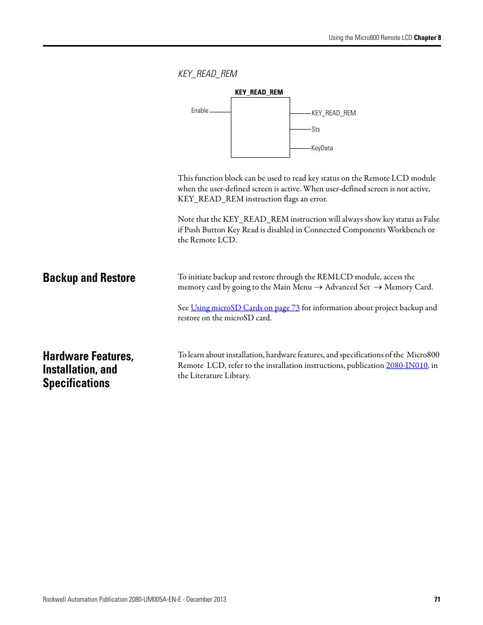 Key_read_rem, Backup and restore | Rockwell Automation 2080-LC20-20QBBR Micro820 20-point Programmable Controllers User Manual User Manual | Page 79 / 162