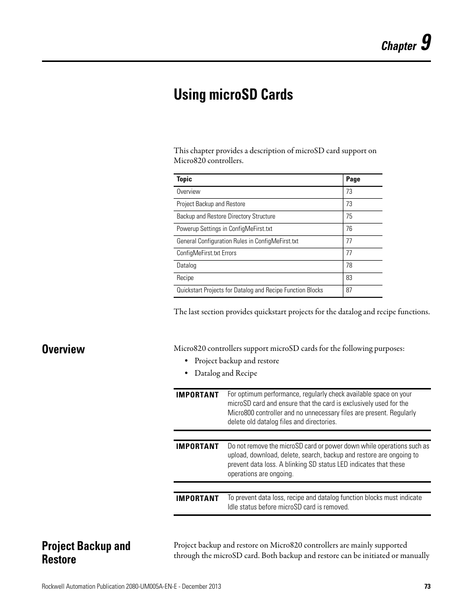 9 - using microsd cards, Overview, Project backup and restore | Chapter 9, Using microsd cards, Overview project backup and restore, Chapter | Rockwell Automation 2080-LC20-20QBBR Micro820 20-point Programmable Controllers User Manual User Manual | Page 81 / 162