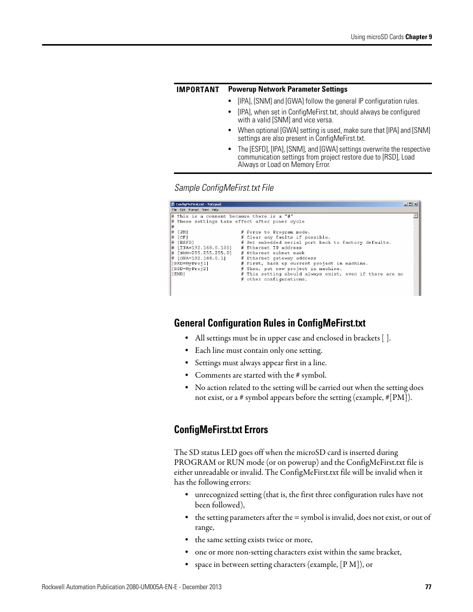 Sample configmefirst.txt file, General configuration rules in configmefirst.txt, Configmefirst.txt errors | Rockwell Automation 2080-LC20-20QBBR Micro820 20-point Programmable Controllers User Manual User Manual | Page 85 / 162